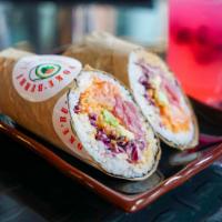 KungFu-Frito Burrito Roll · Fresh tuna, fresh salmon, cabbage, carrots, avocado, sriracha teriyaki, wasabi mayonnaise, a...