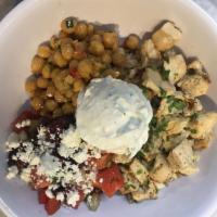 The Greek Goodness Bowl · Brown rice, chicken, Greek salad, chickpea and tzadziki. Gluten free.