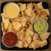 Party Dips and Chips · crispy tortilla chips, house-made salsa, guacamole, queso

