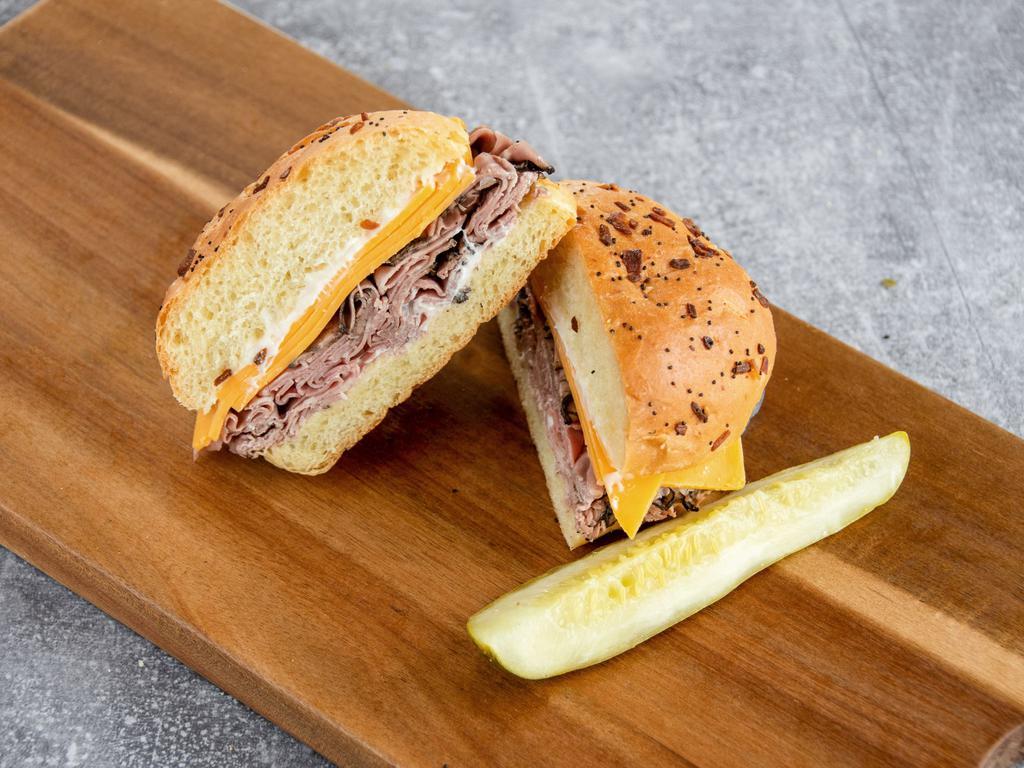 #6. Roast Beef and Cheddar Sandwich · Roast beef and mild cheddar cheese on an onion roll with mayo.