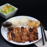 Chicken & Potstickers  · Grilled marinated chicken thigh, rice, and 3 pieces of chicken pot stickers.