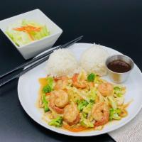 Shrimp Teriyaki · Stir-fried shrimp in teriyaki sauce and rice. Served with side lettuce salad (poppy seed dre...