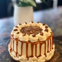Chocolate Turtle Cake · a piece of moist chocolate cake with caramel buttercream, garnished with pecans and our hous...