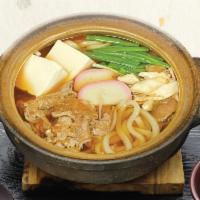 Sukiyaki Style Nabeyaki Udon · Beef, Tofu, Mushrooms, Scallions and Fish Cake