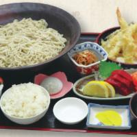 Tempura and Sashimi Gozen · Assorted Tempura, Assorted Sashimi, Seasonal Side Dish, Rice, and Soba