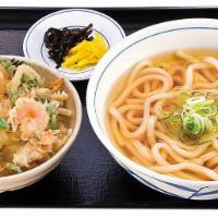 Shrimp & Vegetable Kakiage (Tempura Ball) Rice Bowl & Udon Set · Shell fish. Thick wheat flour noodles.