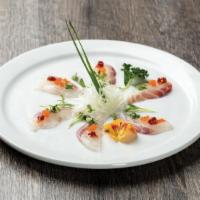 Black Diamond Snapper · 6 pcs / Fresh black snapper sashimi with Ponzu, crunch garlic rayu, green onion and tobiko o...