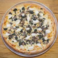 Spinach and Mushroom Pizza · White sauteed spinach with garlic, portabella mushrooms, ricotta and mozzarella.