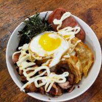 Chicken Mayo Bowl · Chicken Teriyaki with Spam, Two Fried Eggs, Two Gyoza with Rice drizzled in our house sauce
