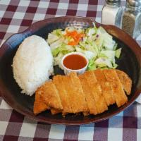 14. Chicken Katsu · Served with steamed rice and salad.