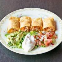 Flautas · Rolled and fried corn tortilla stuffed with chicken or beef, served with guacamole, pico de ...