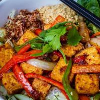 Vegan Vermicelli with Sauteed Tofu · Deep fried tofu sauteed in special sauce and bell peppers. Served on a base of vermicelli no...
