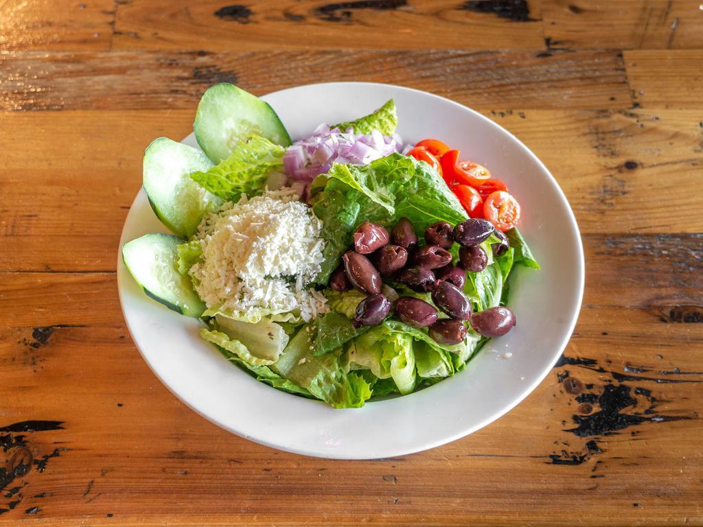Mediterranean Salad · Romaine lettuce, cucumber, red onion, pearl tomatoes olives, feta cheese, house vinaigrette. Add grilled chicken for additional charge.