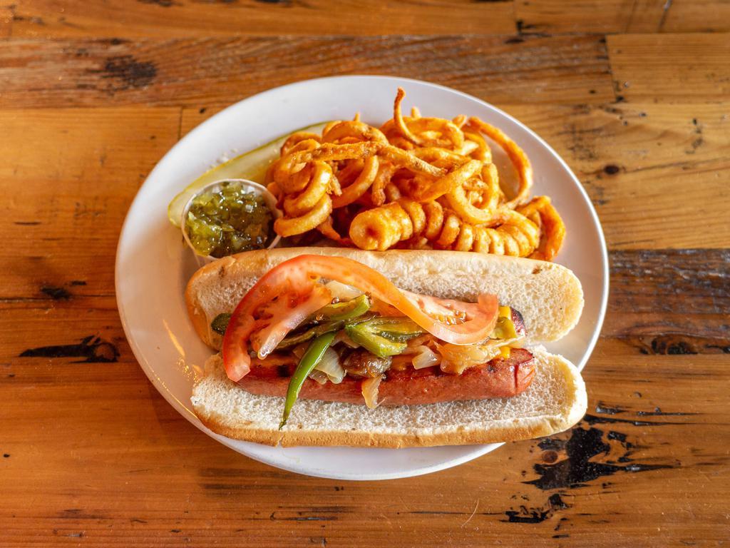 Mona's Hot Dog · Sauteed jalapenos and onions, melted cheddar cheese, tomatoes, side of relish and hot dog bun. Spicy.