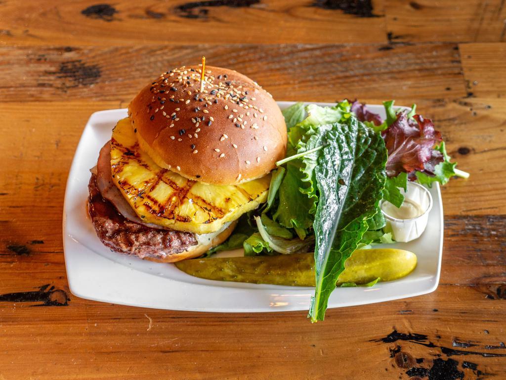 Hawaiian Burger · Grilled teriyaki pineapple, smoked ham, melted Jack cheese. Spicy.