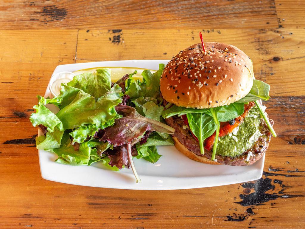 Mediterranean burger · Roasted red bell peppers, feta cheese, pesto sauce and fresh spinach.