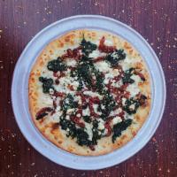 Mediterranean Pizza · Olive oil, garlic, fresh baby spinach leaves, mozzarella, and feta cheeses, sun-dried tomato...