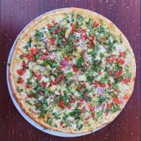 Greek Pizza · Olive oil, garlic, mozzarella, and feta cheese, red onions, Roma tomatoes, Parmesan cheese, ...