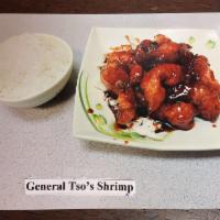 General Tso's Shrimp · breaded jumbo shrimp fried with lightly spicy honey sauce ,it's very popular in our menu