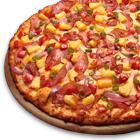 Maui Zaui Pizza · Ham, bacon, pineapple, tomatoes, red and green onions on Polynesian sauce.