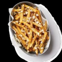 Greek Fries · Fries tossed in garlic salt and topped with feta, red wine vinegar and oregano.