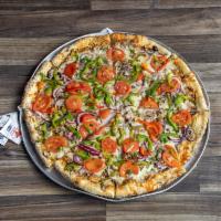 4 Way · Fresh sliced tomato, red onion, mushrooms, bell peppers. Fontina, parmesan, Romano and mozza...