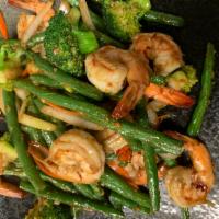 Panda Shrimp · Shrimp stir fried with broccoli, string bean, carrot, onion and chili hot pepper.