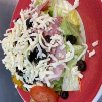 Antipasto Salad · Romaine lettuce, Iceberg lettuce, mushrooms, olives, tomatoes, mozzarella cheese, rolled ham...