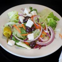 Greek Salad · Fresh romaine, iceberg, onions, Kalamata olives, tomatoes and feta cheese.