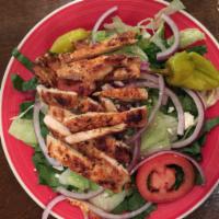 Grilled Chicken Breast Salad · Choice of house, Caesar or Greek salad.