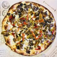 Steak & Blue Pizza (800 Cal) · garlic & oil, mozzarella, thin sliced steak, roasted mushroom, peppers, onion, gorgonzola