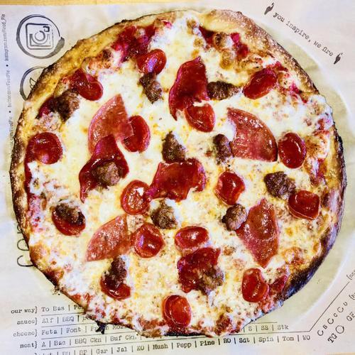 Meaty Italian Pizza (910 Cal) · tomato sauce, mozzarella, pepperoni, salami, capicola, and your choice of sausage or spicy sausage