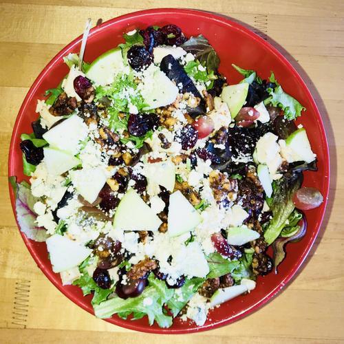 Valley Field Greens Salad (690 Cal) · field greens, gorgonzola cheese, grilled chicken, red grapes, apples, craisins, candied walnuts, non-fat raspberry vinaigrette