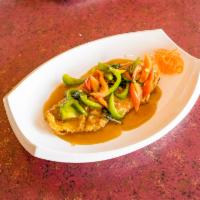 Spicy Flounder · Fillet of flounder lightly breaded and fried until golden brown is topped with 3 Thai sauces...