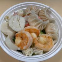 Seafood Shrimp Dumpling Noodle Soup 海鲜虾饺汤面 · Savory light broth with noodles with seafood shrimp dumplings. 