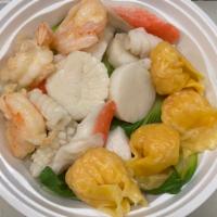 Seafood Shrimp Wonton Noodle Soup海鲜虾云吞汤面 · Savory light broth with noodles with seafood shrimp wonton. 
