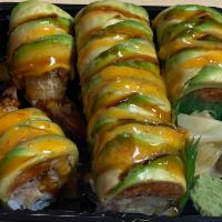 20. Kumo Roll · Raw. Shrimp, tempura, spicy crab stick inside, topped with avocado, spicy tuna, eel sauce an...
