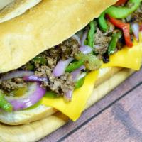 Mexican Philly · Philly steak, American cheese, jalapeños, grilled onions, mushrooms and chipotle.