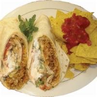 Grilled Chicken Burrito · With rice, beans, mild salsa, mixed cheese, sour cream and pico de gallo. Served with nachos...