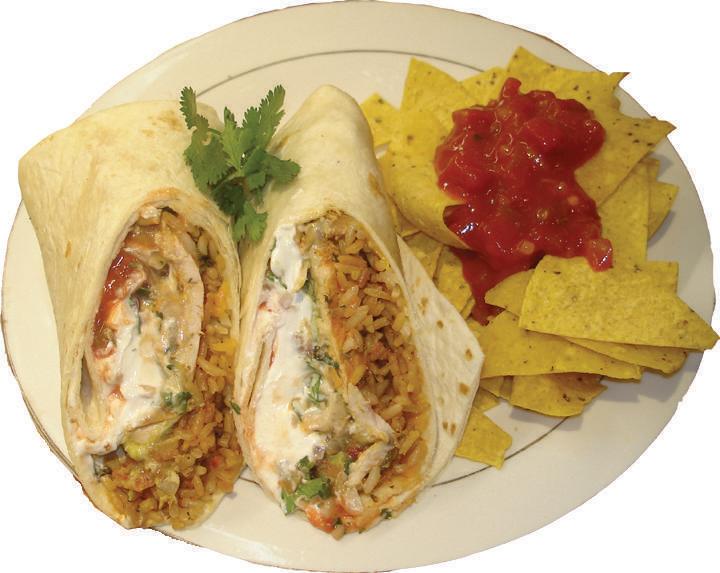Grilled Chicken Burrito · With rice, beans, mild salsa, mixed cheese, sour cream and pico de gallo. Served with nachos and salsa.