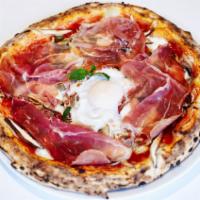 Mamma Mia Pizza · Mozzarella fior di latte, tomato sauce with mix mushrooms, eggs and Parma ham.