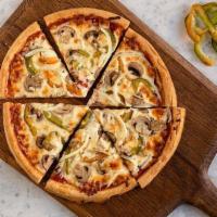 Veggie Gluten-Free Crust Pizza · Mushrooms, onions, peppers, mozzarella cheese, Romano cheese, and tomato sauce.
