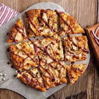 BBQ Chicken Pizza · Sliced chicken, red onions, citrus BBQ sauce, and a blend of cheeses.