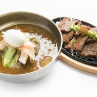 Seakomi Mul Naeng Myeon + LA Galbi Set 새콤이 물냉면 + LA 갈비 세트 Seakomi 冷面 + LA排骨 · Cold buckwheat noodles in special Seakomi sauce and beef broth with marinated short rib BBQ.