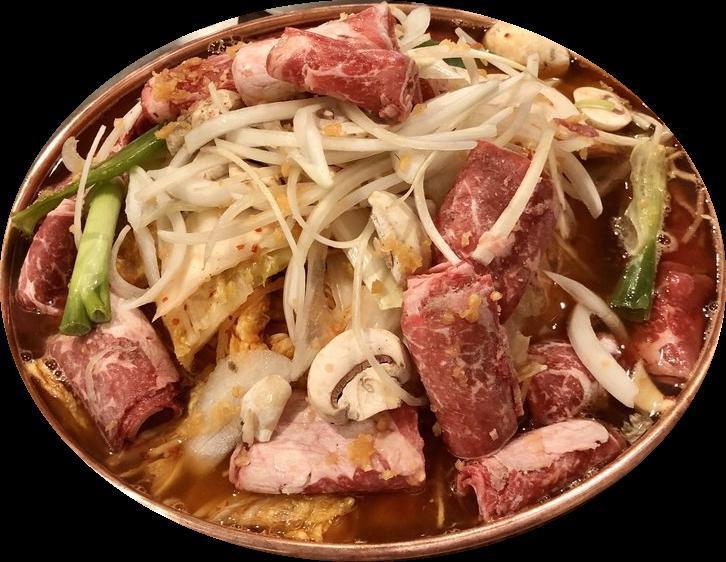 Halah-Buhji Kimchi Bulgogi 할아버지 김치 불고기 泡菜烤牛肉 · Thinly sliced boneless rib-eye steak marinated with kimchi and house special sauce.
