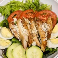 Chicken Salad · House salad topped with boneless sliced rotisserie chicken, sliced tomatoes, cucumbers, ques...