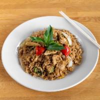 Basil Fried Rice · Served with red and green bell peppers, baby corns, onions, egg, basil leaves, and spicy chi...