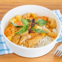 R2. Panang Curry Chicken Rice Dish · Medium spiced red curry, sweet potatoes, carrots, thai basil and black pepper. Foodie favori...