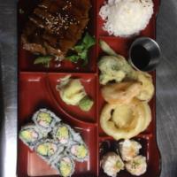 Beef Teriyaki Bento Box · Grilled beef with traditional japanese thick sweet sauce, teriyaki. Served with miso soup, s...