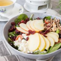 Apple Cranberry Walnut Salad · Red apple, green apple, toasted walnuts, dried cranberries, and feta cheese with apple vinai...